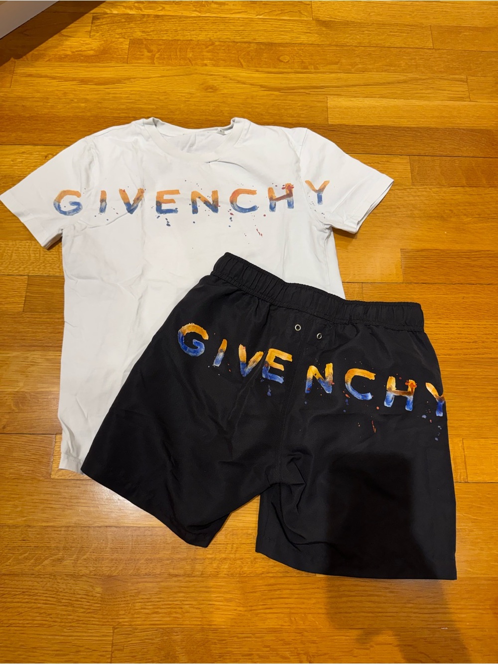 Givenchy Boys Black swim Shorts with Multicolor Paint Logo white tshirt size 12